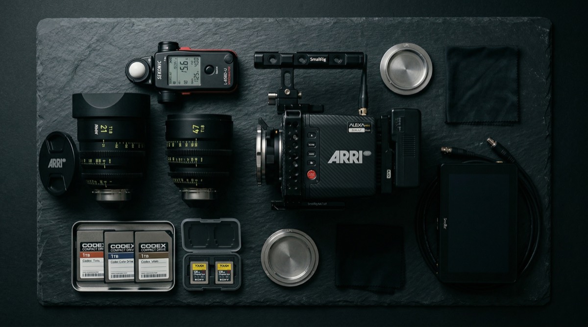 Flat lay of cinema camera equipment including prime lens, camera body, light meter and memory cards on dark slate