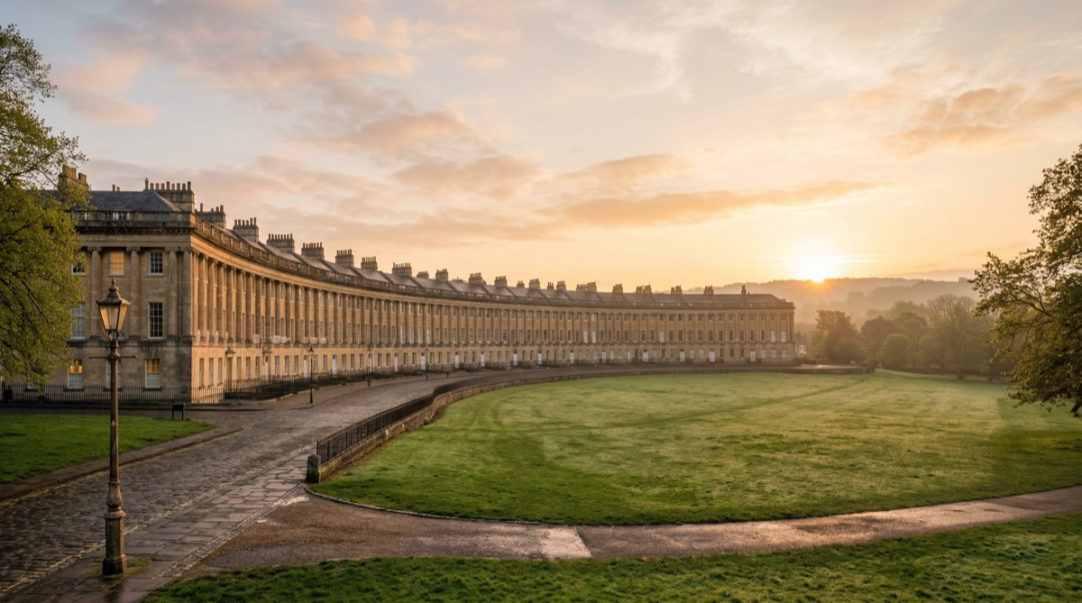 Bath Royal Crescent and Georgian architecture in honey-coloured stone at sunrise