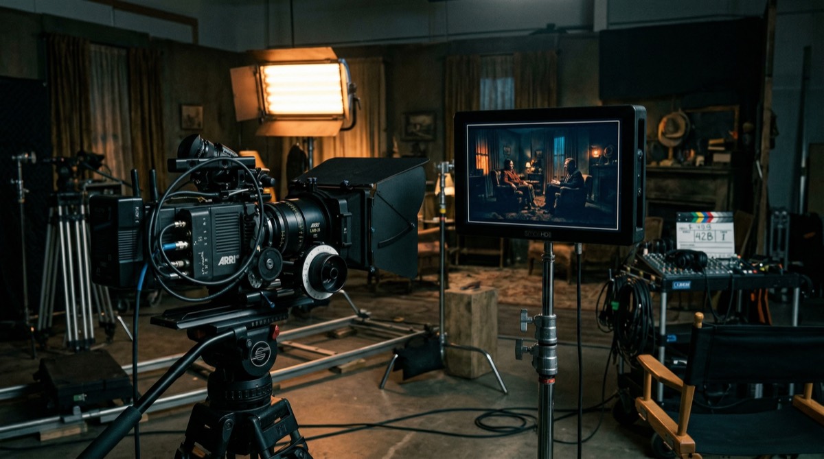 Cinematic film set with director monitor showing colour-graded frame, follow focus wheel and matte box casting shadow in production lighting
