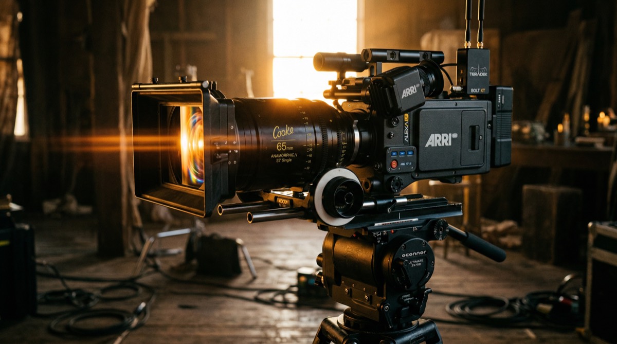 Large format cinema camera with anamorphic lens on professional fluid head tripod with warm backlight creating lens flare through the glass