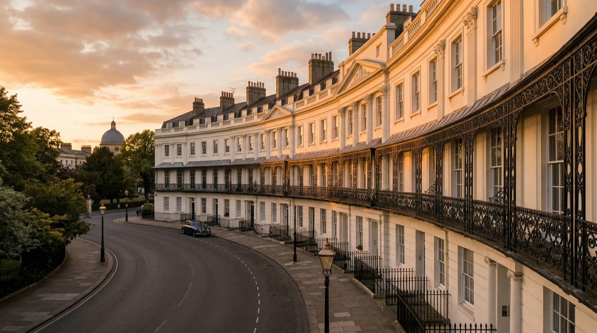 Cheltenham Regency terraced architecture at golden hour with ornate ironwork balconies