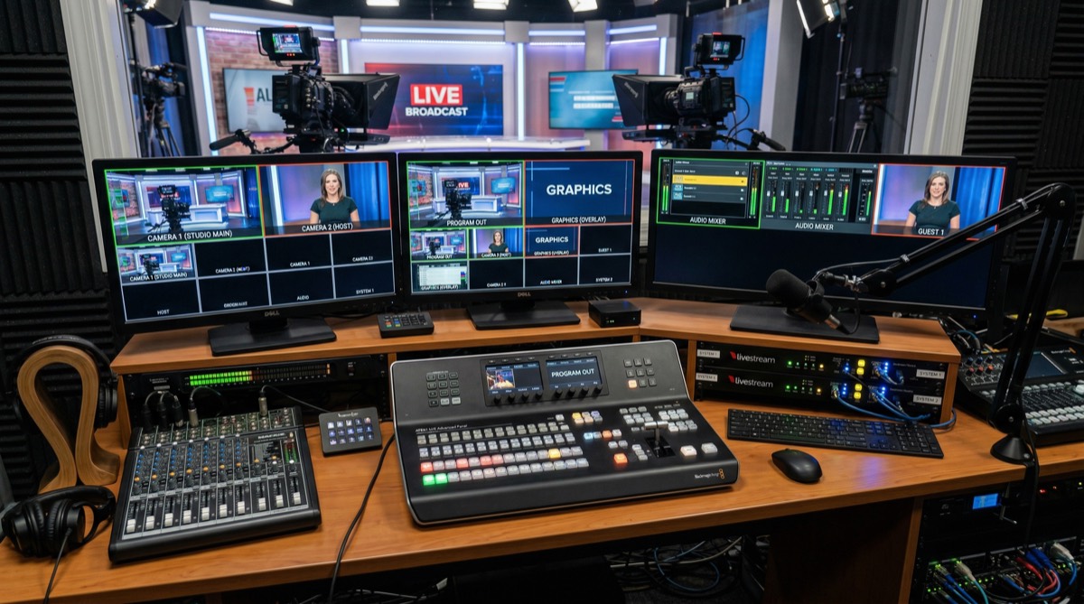 Live stream production desk with multiple monitors showing camera feeds, video switcher, streaming encoder with blinking lights and cameras in background