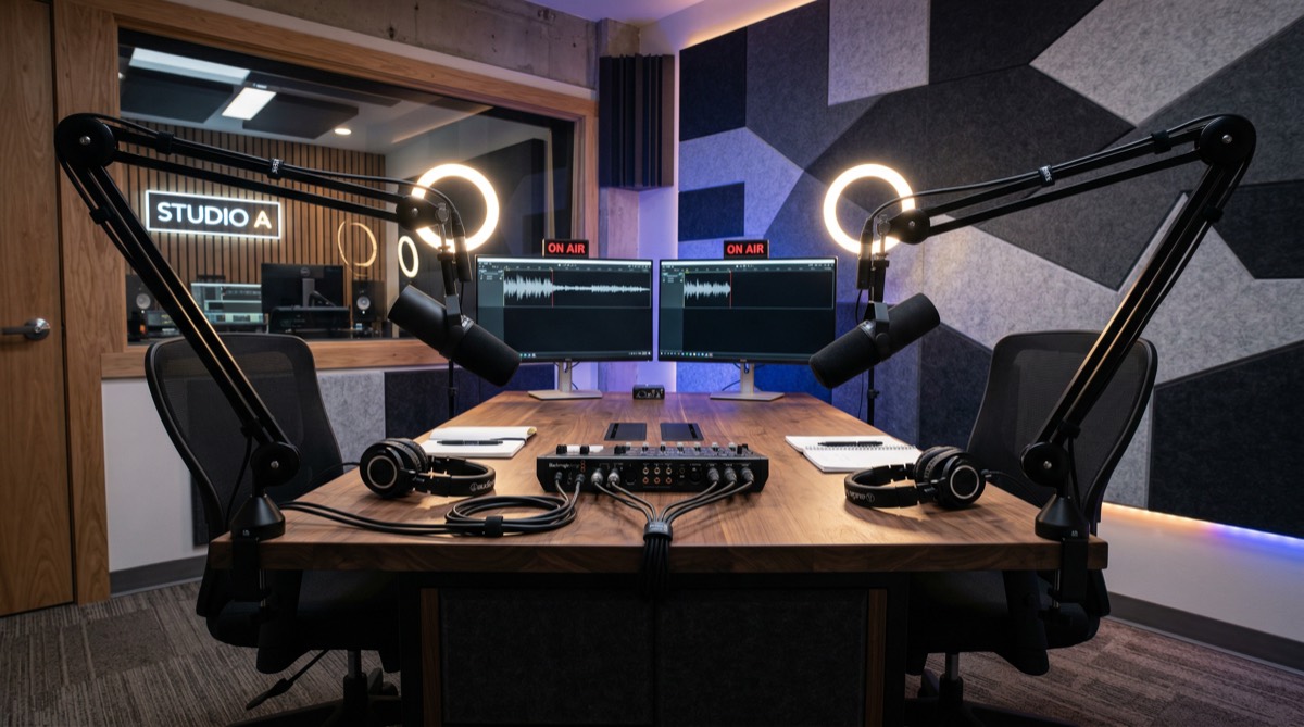 Professional podcast studio setup with two large condenser microphones on boom arms, acoustic panels and LED lights reflected in monitors