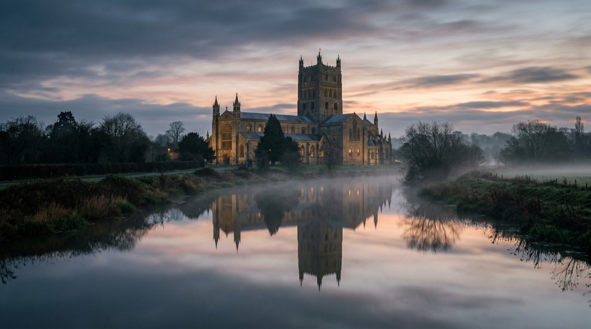 Tewkesbury Abbey reflected in a still river at dawn with mist on the water