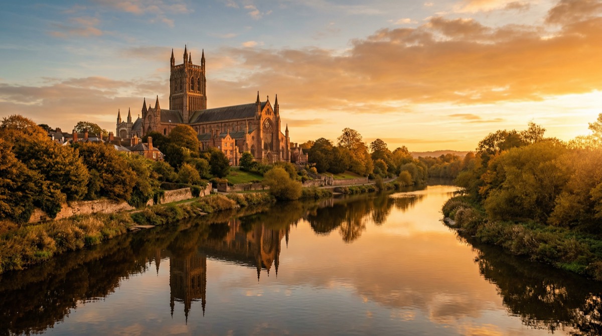 Worcester Cathedral rising above the River Severn at golden hour with cathedral spires reflected in water