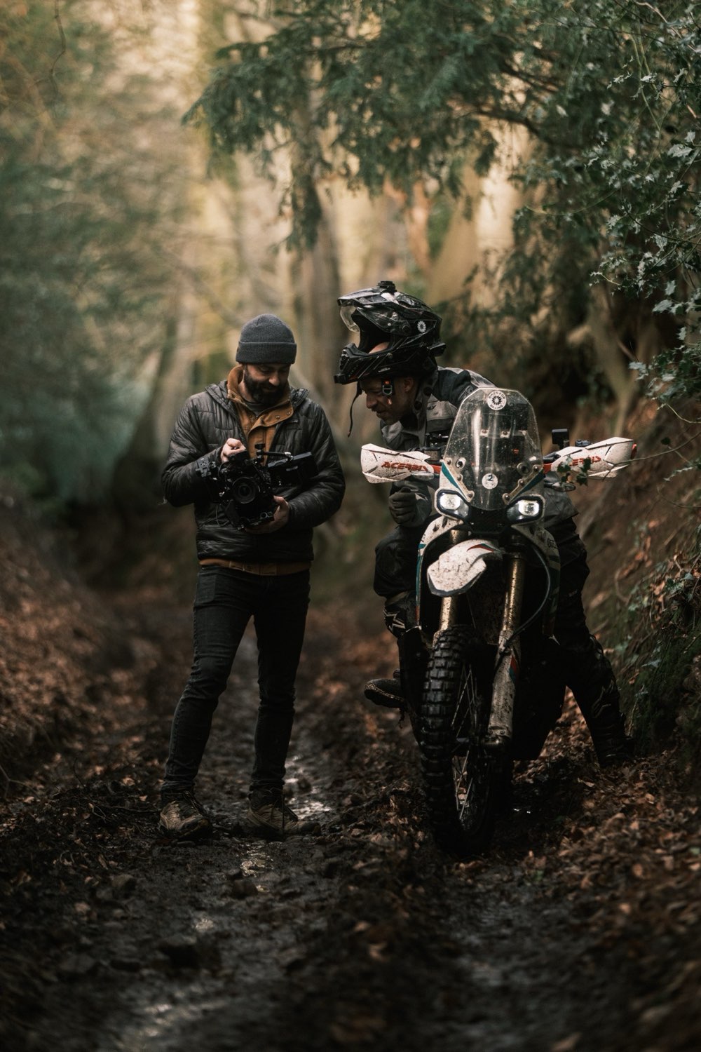 Filming on location in a forest